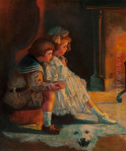 Children Warmed By Fire Oil Painting by Mark Fisher