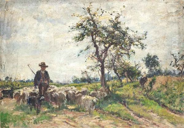 A Shepherd And His Flock On A Country Road Oil Painting by Mark Fisher