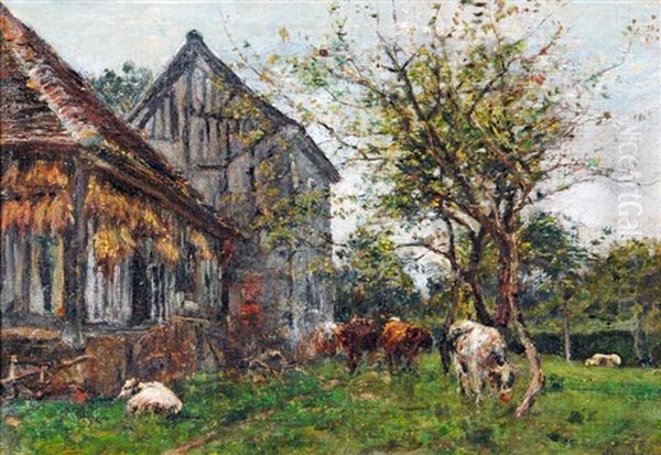 Cattle Near A Barn Oil Painting by Mark Fisher