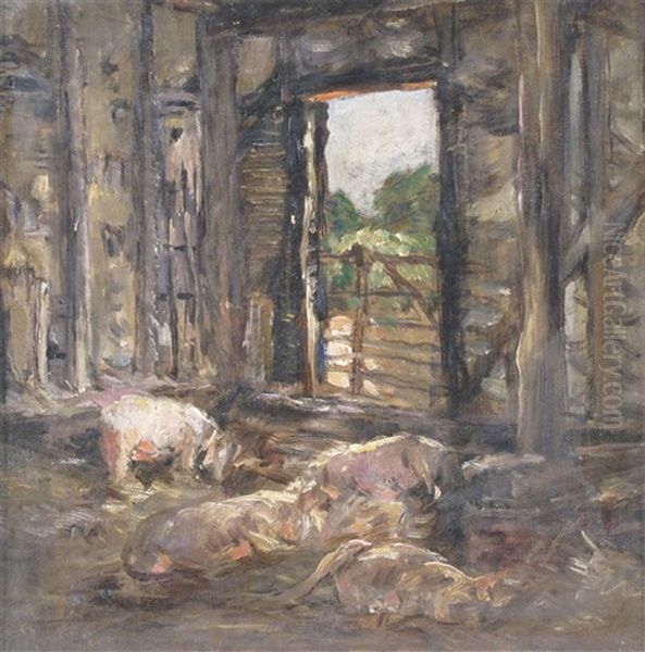 Pigs In A Barn Oil Painting by Mark Fisher