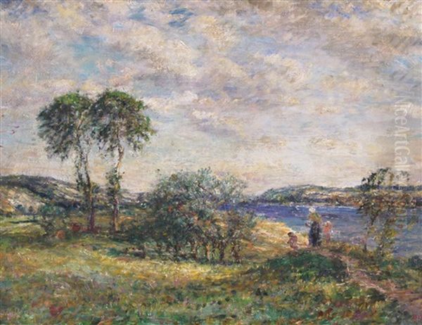 A Mother And Children By A River Oil Painting by Mark Fisher