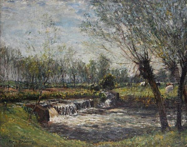 A Weir With Cattle Grazing Beyond Oil Painting by Mark Fisher