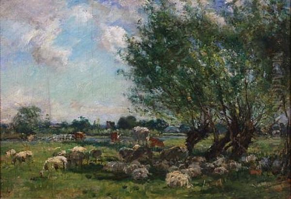 Sheep And Cattle Resting In The Shade Oil Painting by Mark Fisher