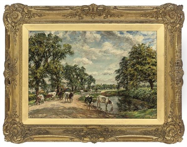Cattle Watering In A Summer Landscape Oil Painting by Mark Fisher