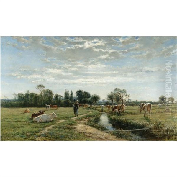 Milkmaid With A Herd Of Cows Oil Painting by Mark Fisher