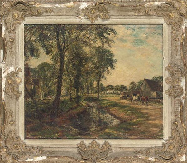 Horses Beside A Farmyard Stream Oil Painting by Mark Fisher