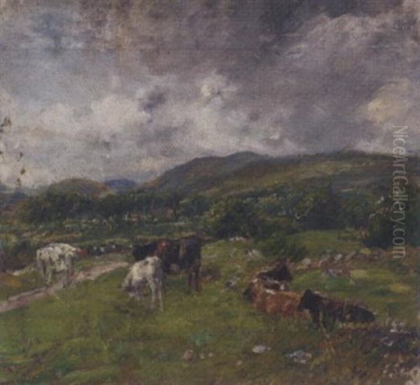 Cattle In A Mountainous Landscape Oil Painting by Mark Fisher