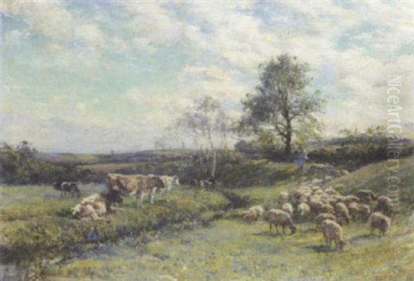 Sheep And Cattle In A Pasture Landscape Oil Painting by Mark Fisher