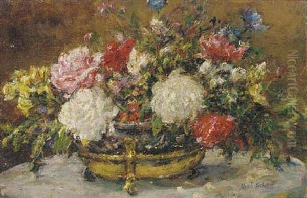 Flowers In A Gold Jardiniere Oil Painting by Mark Fisher