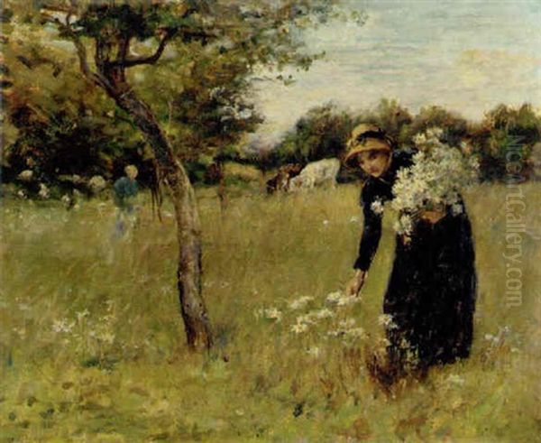 The Artist's Wife Picking Flowers Oil Painting by Mark Fisher