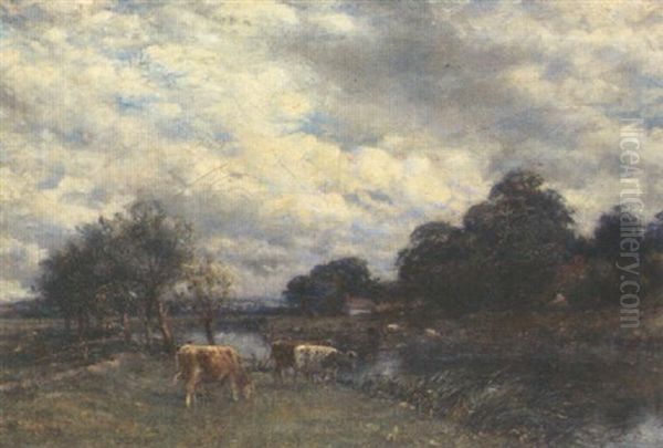 Cattle Grazing In A River Landscape Oil Painting by Mark Fisher