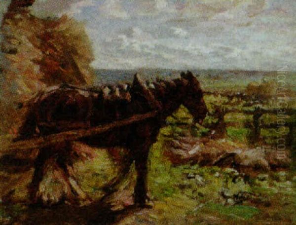 A Cart Horse Pulling A Hay Rick Oil Painting by Mark Fisher