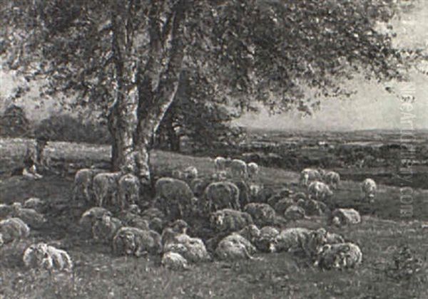 Shepherd And His Flock Resting Under A Tree Oil Painting by Mark Fisher