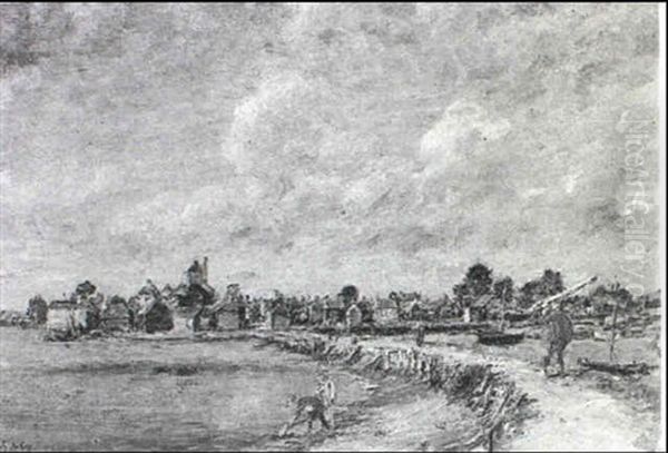 A Causeway Approaching A Town Oil Painting by Mark Fisher