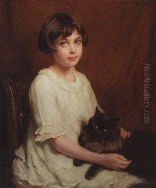 Portrait Of A Young Girl In A White Dress And A Cat On Her Lap Oil Painting by Percy Harland Fisher