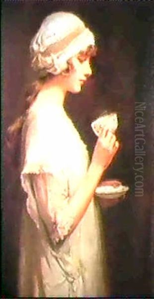 Portrait Of Pearl Joliffe Holding A Cup And Saucer Oil Painting by Percy Harland Fisher
