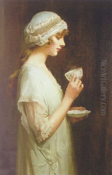 Portrait Of Pearl Joliffe Holfing A Cup And Saucer Oil Painting by Percy Harland Fisher