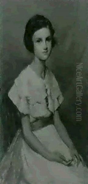 Portrait Of A Girl With A Pink Sash;                        Portrait Of A Girl In A White Dress (76x63cm) Oil Painting by Percy Harland Fisher