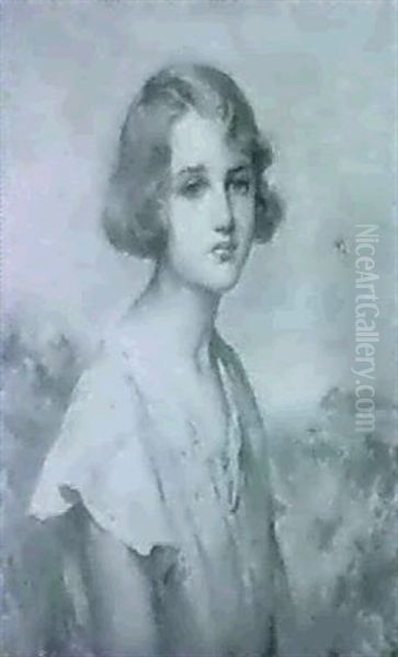 Portrait Of A Young Girl In A Yellow Flowered Dress Oil Painting by Percy Harland Fisher