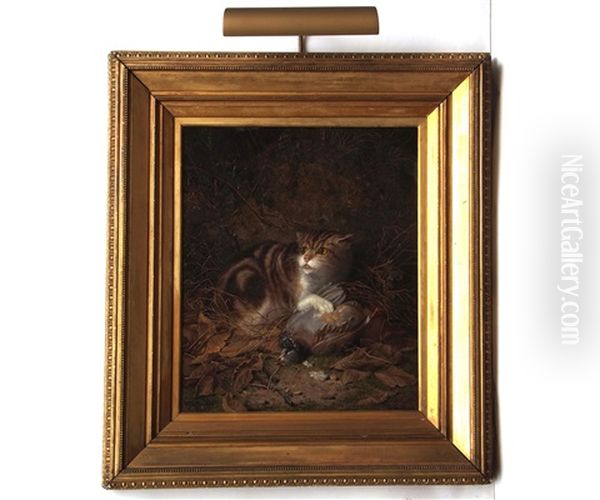 Cat With Dead Bird On A Mossy Bank Oil Painting by John Fitz Marshall