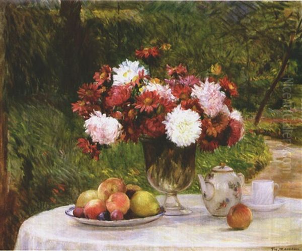 Flowers, Fruit, A Teapot And A Teacup Oil Painting by Pierre Felix Masseau Fix-Masseau