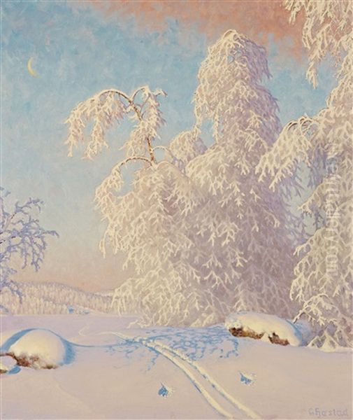 Ski Tracks In Winter Landscape Oil Painting by Gustaf Fjaestad