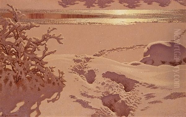 Spar I Snon/mansken (tracks In The Snow / Moonlight) Oil Painting by Gustaf Fjaestad