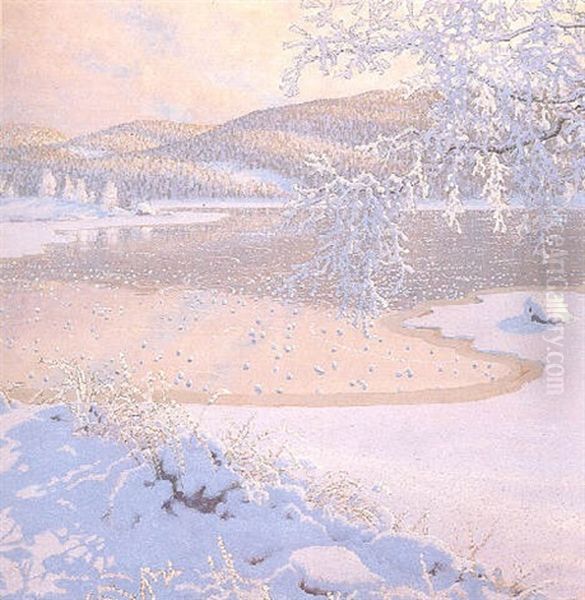 Vinterlandskap Vid Sjo Oil Painting by Gustaf Fjaestad