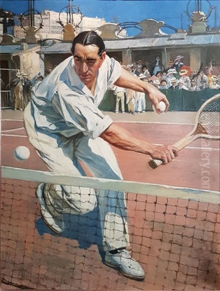 A Coastal Landscape With Fishing Boats Offshore, Fishermen  Hauling In Nets And Their Catch In The Foreground Oil Painting by Francois Flameng