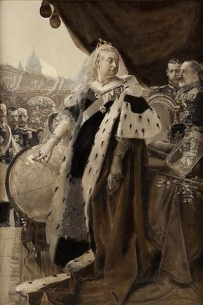Queen Victoria (+ Another, Engraving On Silk; 2 Works) Oil Painting by Francois Flameng