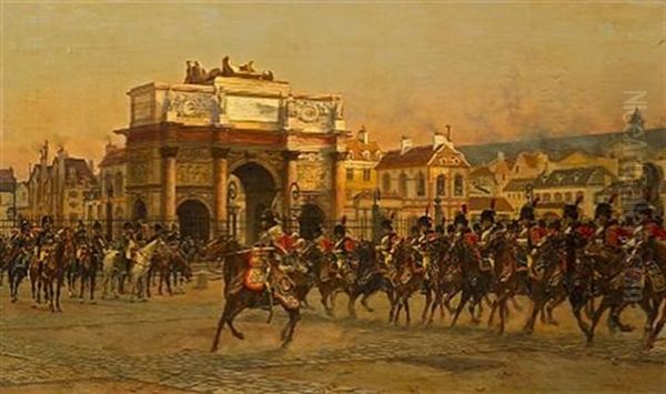 Napoleon And His Staff Reviewing The Mounted Chasseurs Of The Imperial Guard Before The Arc De Triomphe Du Carrousel Oil Painting by Francois Flameng