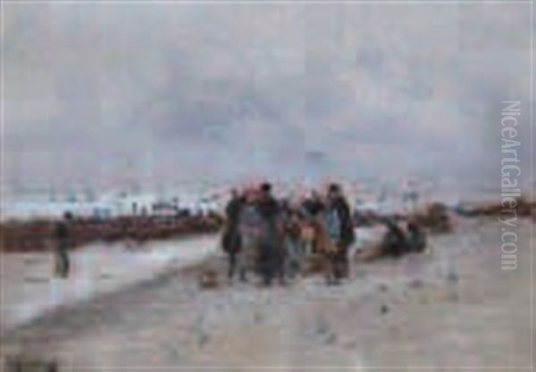 Cancale, Pecheurs De Coquillages Sur La Plage Oil Painting by Marie Auguste Flameng