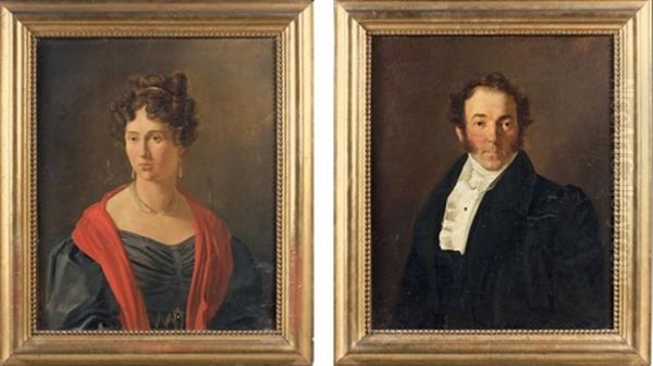 Portrait De Louis Martial Salles Et Portrait D'aubertine Salles (pair) Oil Painting by Hippolyte Flandrin