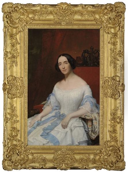 Portrait Of Helena, Baronne Fould, In A White Dress With Blue Ribbon Oil Painting by Hippolyte Flandrin
