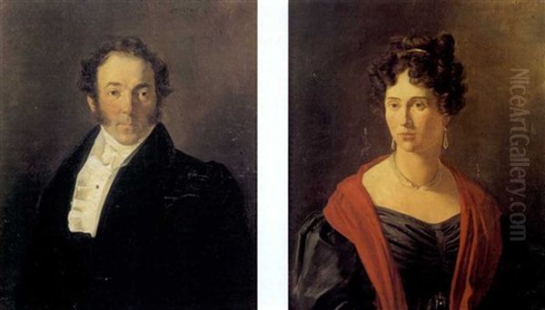 Portraits De Aubertine Salles Et De Louis Martial Salles (pair) Oil Painting by Hippolyte Flandrin