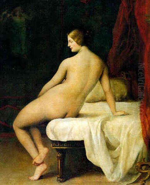 Ruckenakt Einer Auf Einem Bett Sitzenden Jungen Frau Oil Painting by Hippolyte Flandrin