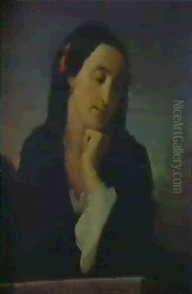 Jeune Femme Accoudee A Un Petit Muret Oil Painting by Hippolyte Flandrin