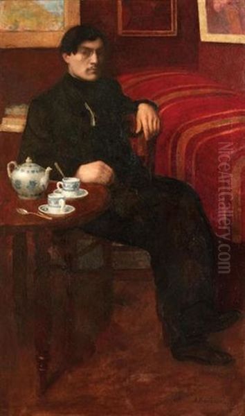 Portrait De O. Fluchaire Assis Prenant Le The, 1897 Oil Painting by Jules Flandrin