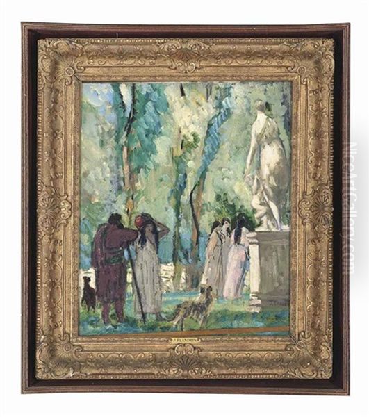 Promenading Figures In A Garden With A Sculpture Of Venus And Cupid Oil Painting by Jules Flandrin