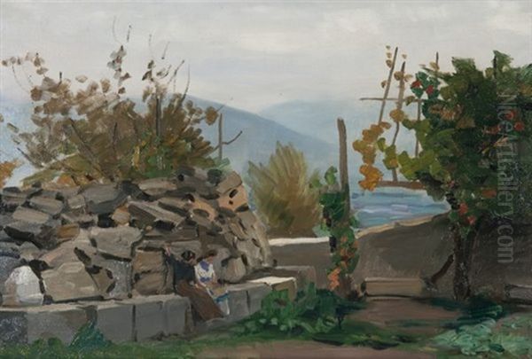 A Corenc, La Cour De La Maison D'henriette Deloras Oil Painting by Jules Flandrin