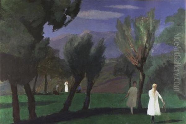 Les Joueuses De Badminton Oil Painting by Jules Flandrin