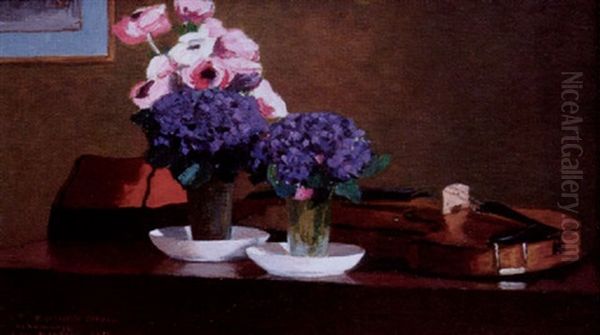 Nature Morte Aux Anemones, Pensees Et Violon Oil Painting by Jules Flandrin