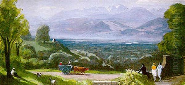 Scene Champetre Dans Le Champ De La Maison Du Peintre A  Corenc, Au Fond La Vallee De L'isere Et La Chaine De Belledonne Oil Painting by Jules Flandrin