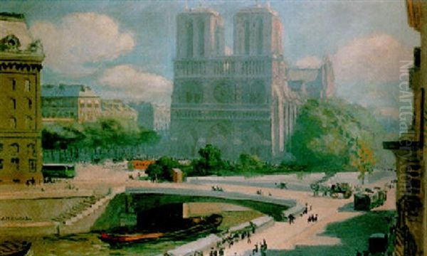 Notre-dame De Paris Et Le Petit Pont Oil Painting by Jules Flandrin