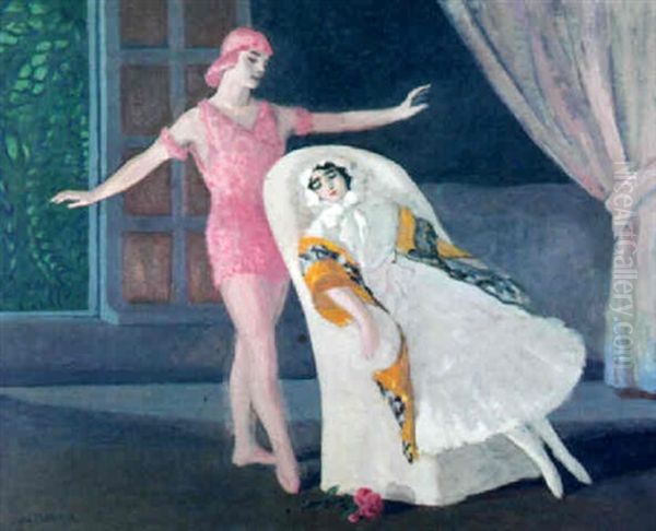 Pierrot Et Colombine Oil Painting by Jules Flandrin