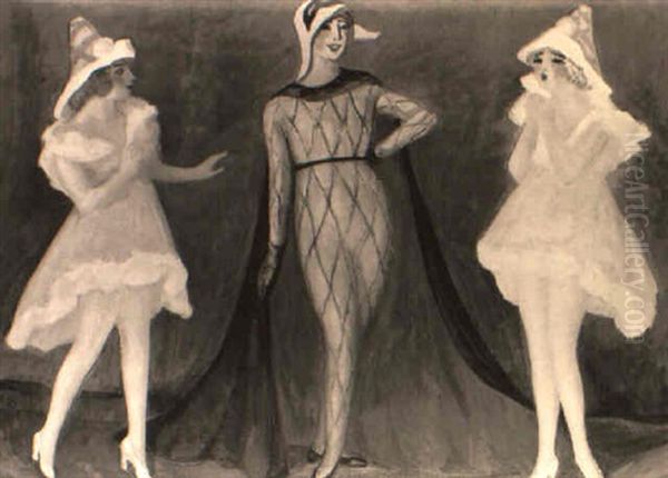 Arlequin Et Colombines Oil Painting by Jules Flandrin