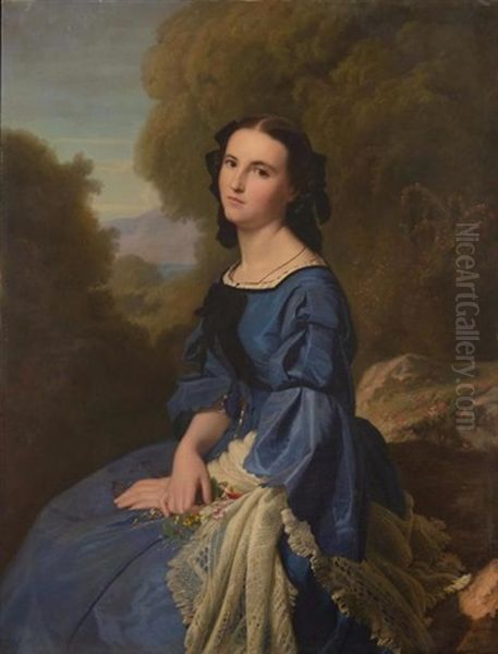 Jeune Fille A La Robe De Soie Bleue Oil Painting by Paul Flandrin