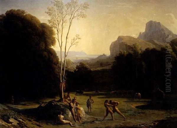 Paysage, Lutte De Bergers Oil Painting by Paul Flandrin