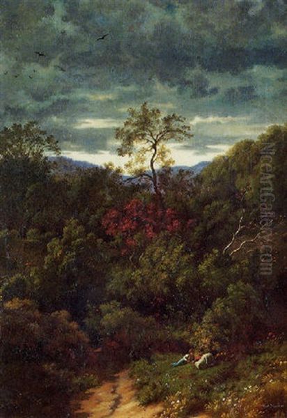 Chemin Dans Un Sous-bois Avec Un Jeune Promeneur Au Repos Oil Painting by Paul Flandrin