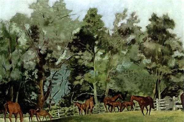 Broodmares And Foals, Lexington, Kentucky Oil Painting by Vaughn Flannery